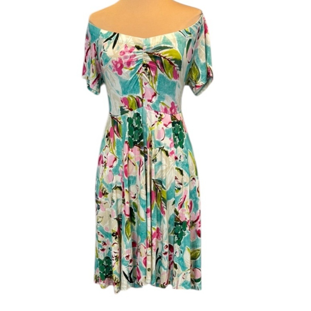 Torrid super soft, spring floral, blue pink green off shoulder, high low dress 1